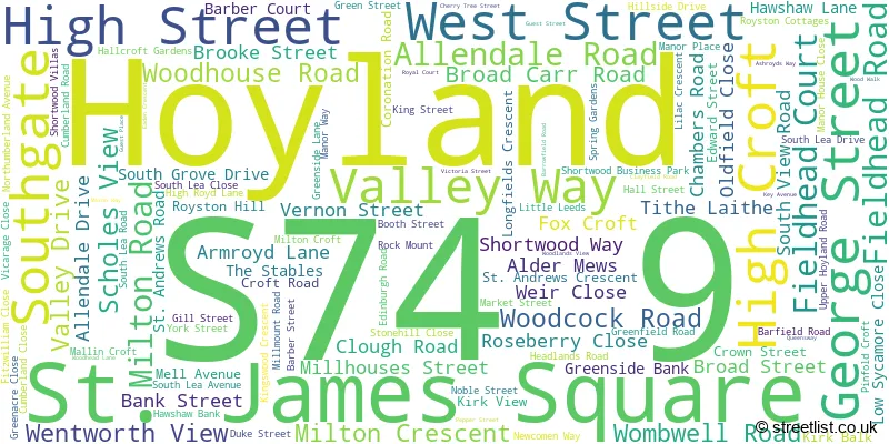 A word cloud for the S74 9 postcode